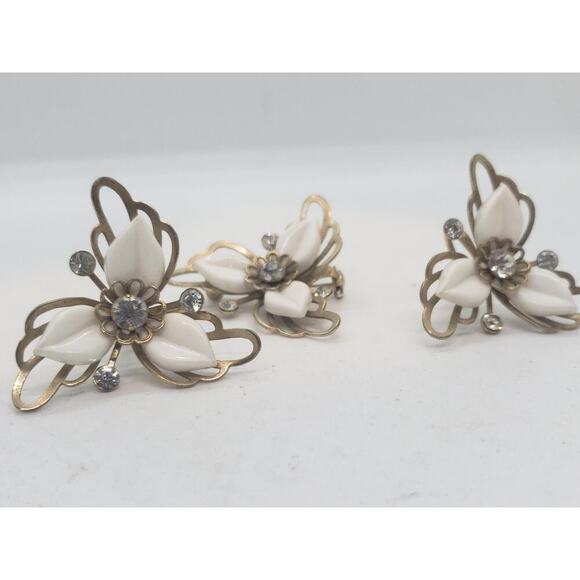 Vintage Floral Thermoset Rhinestone Brooch & Clip On Earrings Set 1950s - Picture 13 of 14